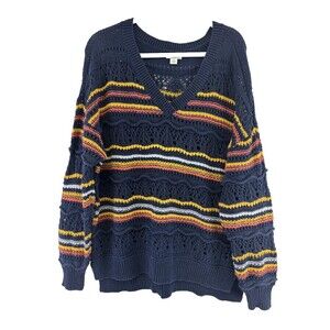 Sundance Alysha Crochet V-Neck Sweater Pullover Navy Yellow Striped Womens Large